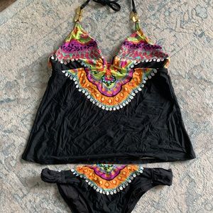 Trina Turk tankini bathing suit with gold accent